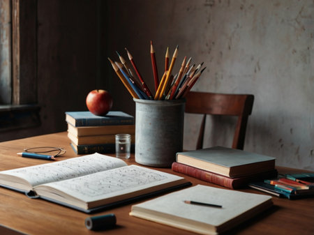 Still life with books, pencils and apple on wooden table.の素材