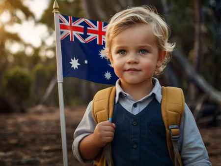 Adorable toddler boy with backpack and Australian flag in the forest.の素材