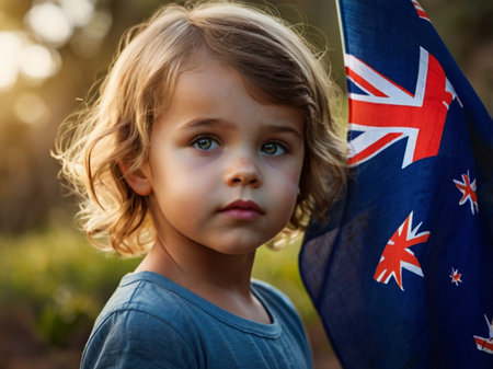 Portrait of a cute little girl with the flag of Australia.の素材