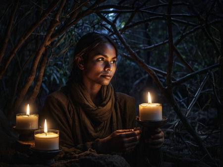 Portrait of a beautiful woman with candles in the forest at nightの素材