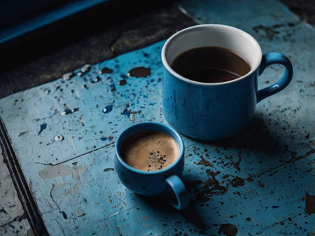 Coffee in blue cup on old wooden table. Selective focusの素材