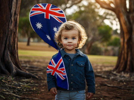 Adorable little boy with Australian flag in the park. Australian travel concept.の素材