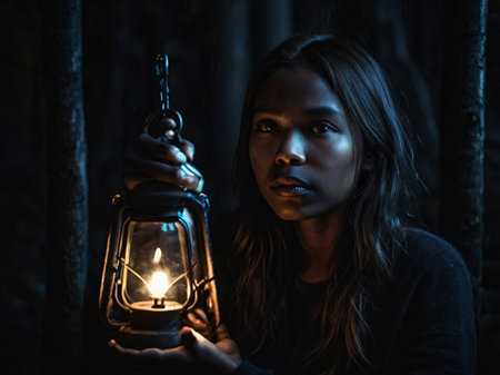 Young woman holding a burning lantern in a dark forest. Halloween concept.の素材