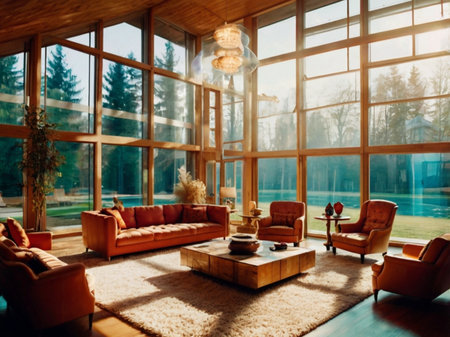 Interior of a cozy living room with a large panoramic windowの素材