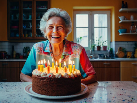 Happy senior woman holding a birthday cake with candles in the kitchen.の素材