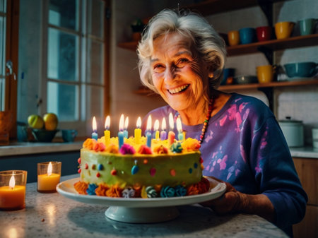 Elderly woman with birthday cake in the kitchen at home.の素材