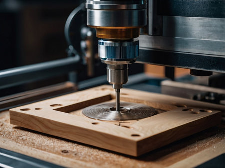 The CNC milling machine cutting the wooden board. The mold and die manufacturing process.の素材