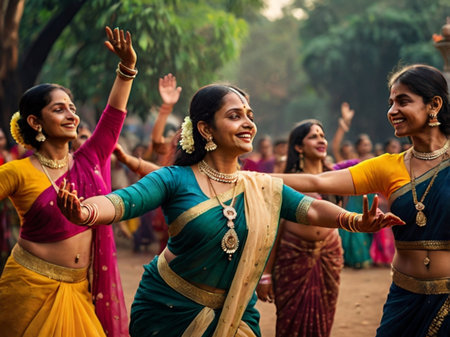 Indian women in saree dancing on the streetの素材