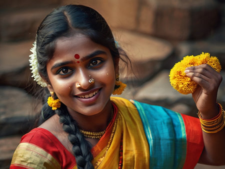Portrait of a smiling Indian girl with yellow dandelionの素材