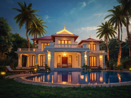 Luxury villa with swimming pool and palm trees at nightの素材
