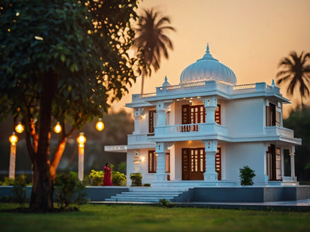 Beautiful white pavilion in the park at sunset, Thailand.の素材