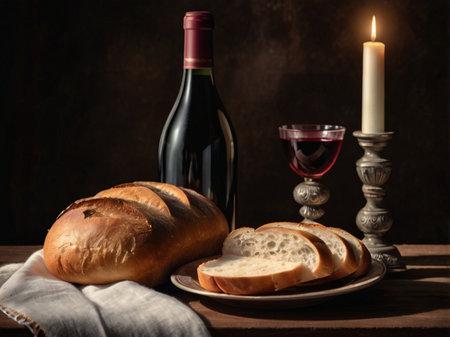 Still life with wine, bread and candles on a wooden table.の素材