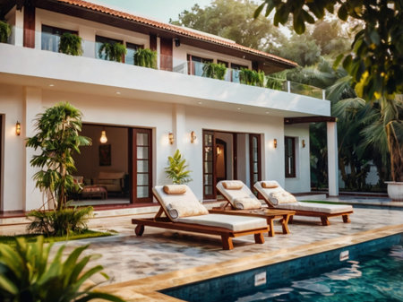 Luxury villa with swimming pool and tropical landscaping.の素材