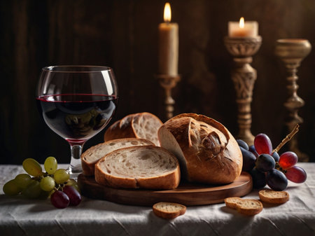 Still life with wine, bread and grapes on a wooden table.の素材