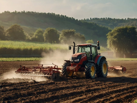 Farmer in tractor preparing land with seedbed cultivator at springの素材