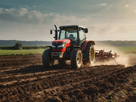 Tractor preparing land with seedbed cultivator. Tractor preparing land for sowing.の素材