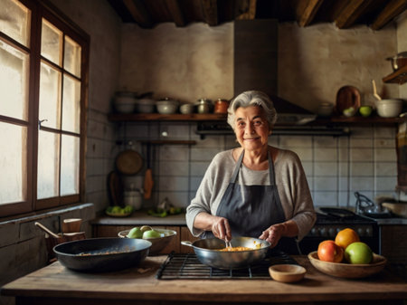 Elderly woman cooking in a rustic kitchen at home.の素材