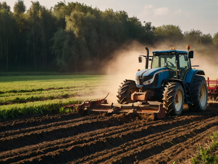 Farmer with tractor preparing land with seedbed cultivator at fieldの素材