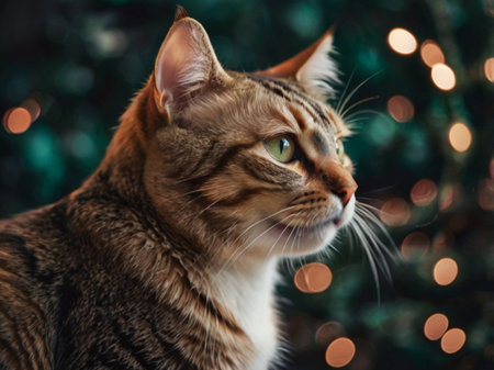 Portrait of a tabby cat in front of a Christmas treeの素材