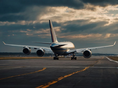 Airplane on the runway of an airport in the rays of the setting sunの素材