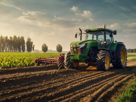 Tractor preparing land with seedbed cultivator at agricultural field.の素材