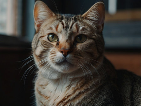 Portrait of a cat on the background of the window, close-upの素材