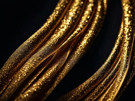 Close up of golden ribbon on black background. Shallow depth of fieldの素材