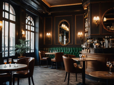 beautiful brand new European restaurant with dark wood and bright lightsの素材