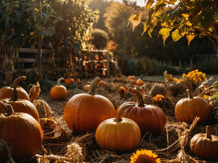 Pumpkin patch on sunny autumn day. Seasonal fall scene.の素材