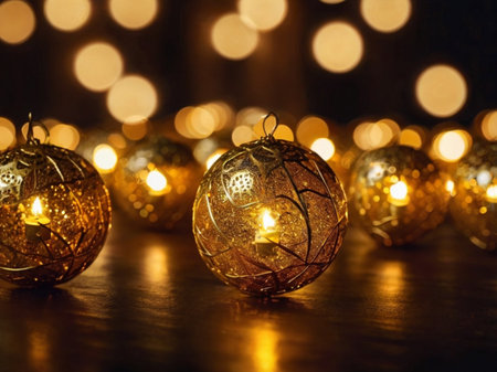 Beautiful golden christmas balls on bokeh background with copy spaceの素材