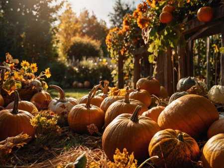 Pumpkin patch on sunny autumn day. Seasonal decoration.の素材