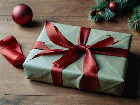Gift box with red ribbon and christmas ball on wooden backgroundの素材