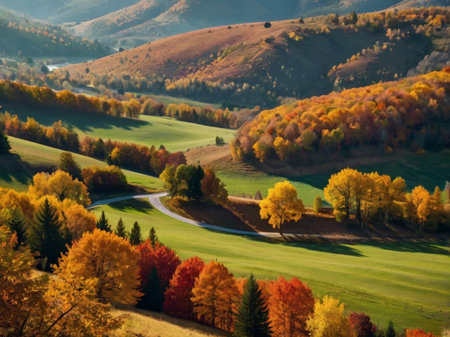 Autumn landscape with colorful forest and winding road. Carpathian, Ukraineの素材