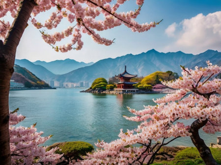 Hangzhou West Lake scenery with cherry blossom in spring, Chinaの素材