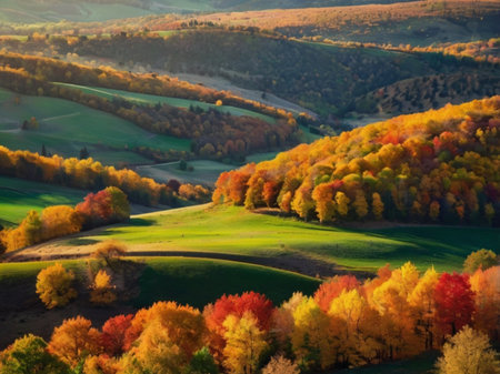 Colorful autumn trees on the hillside in the morning light.の素材
