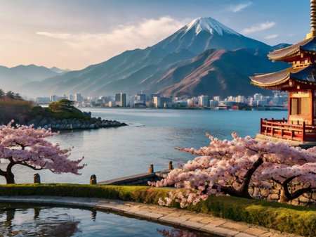 Mt. Fuji and cherry blossom at Kawaguchiko lake, Japanの素材