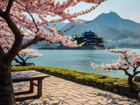 Beautiful spring landscape of Gyeongbokgung Palace in Seoul, South Koreaの素材