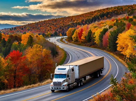 Truck on the road in the autumn forest. Beautiful landscape.の素材