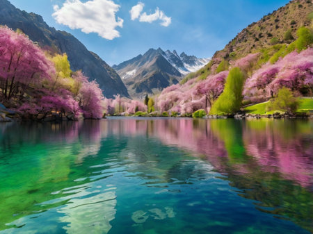 Beautiful spring landscape with mountain lake and pink sakura blossoms.の素材