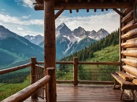 Beautiful mountain landscape in the Alps. View from the wooden hutの素材