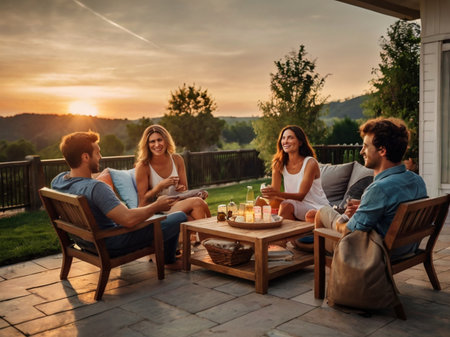 Group of friends having a picnic on the terrace of a houseの素材