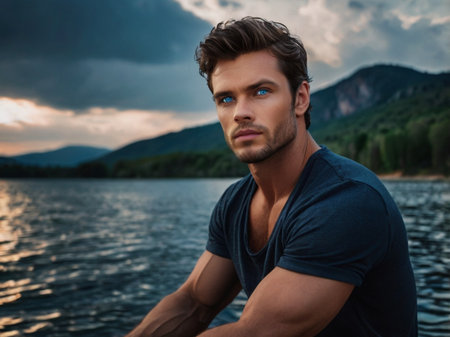 Portrait of a handsome young man in a blue T-shirt on the background of a mountain lake.の素材