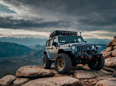 Off-road vehicle in the mountains. Adventure and travel concept.の素材