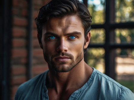 Portrait of handsome young man with blue eyes looking at camera outdoorsの素材