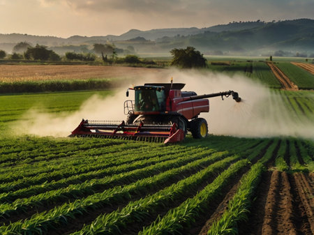 Farmer spraying pesticides on corn field with a sprayer at sunsetの素材