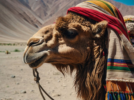 Camel in the desert, Ladakh, India. Close upの素材