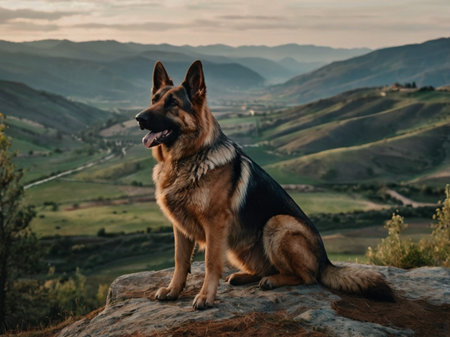 German shepherd dog sitting on a rock in the mountains at sunset.の素材