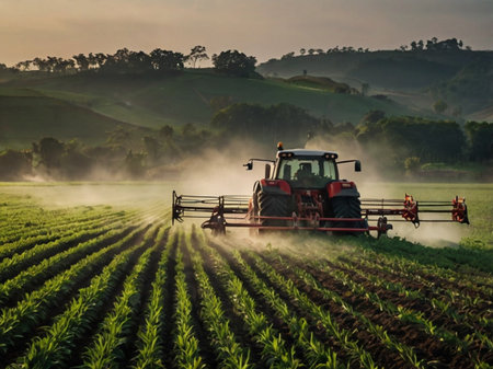 Tractor spraying pesticides on sugarcane field with sprayer at sunsetの素材