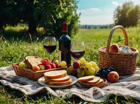 Picnic in the field. Wine, grapes, bread and fruitsの素材