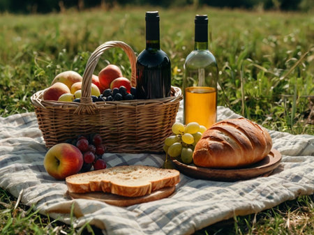 Picnic basket with wine, bread and fruits on blanket in countrysideの素材